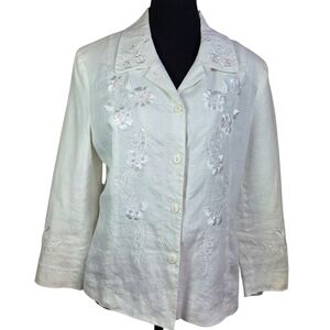 Anne Carson Cream Floral Embroidered Linen Jacket With Sequins Size 10